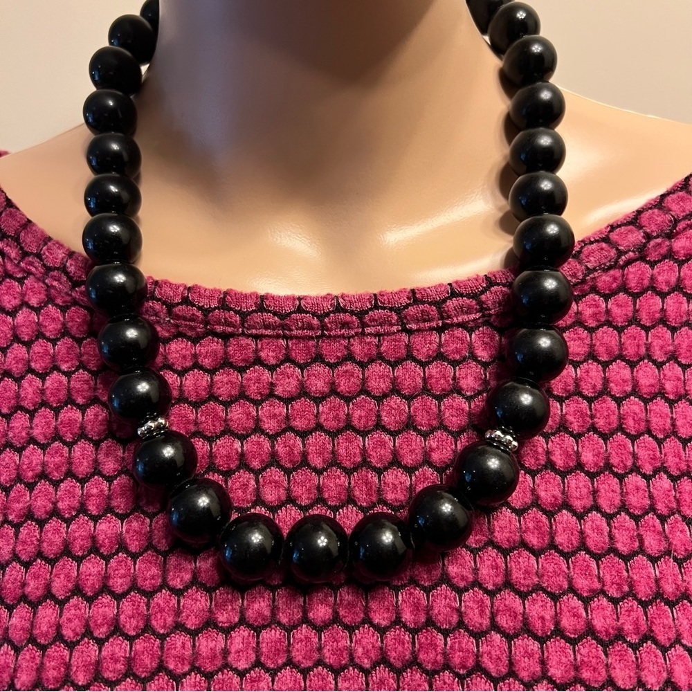 Wood Beaded Necklace adjustable lobster closure Black